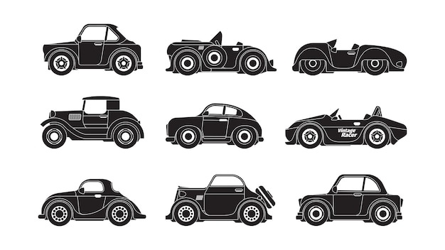 レトロな車のシルエット。歴史的なヴィンテージの都市交通機関の派手なベクトル車両の黒い様式化されたシンボルコレクション。シルエット自動車、旧車の歴史的なイラスト
