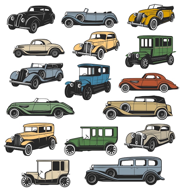 Set di icone isolate per veicoli vintage di auto retrò