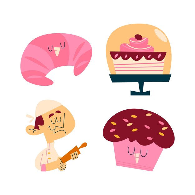 Retro cartoon bakery stickers collection