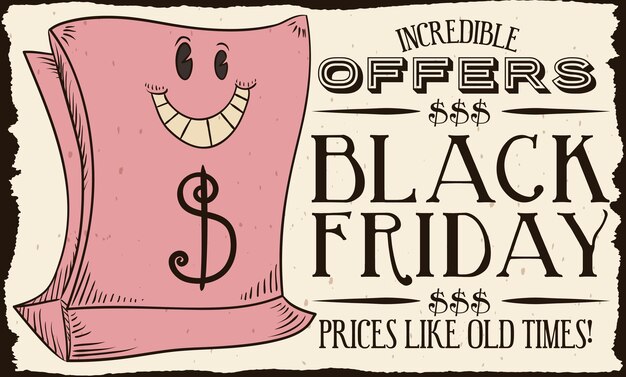 Retro cartoon banner met lachende boodschappentas met geldsymbool waarin aanbiedingen voor Black Friday worden aangekondigd