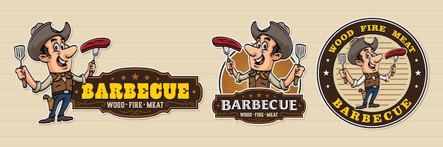 Vector retro cartoon barbecue logo with cowboy