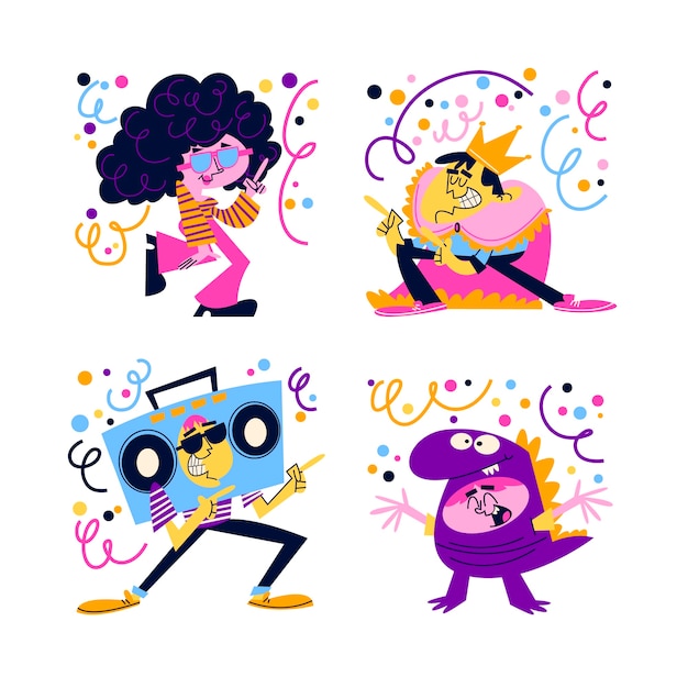 Retro cartoon carnival stickers set