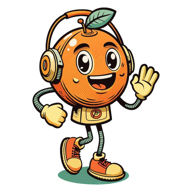 Retro cartoon character of orange with headphone