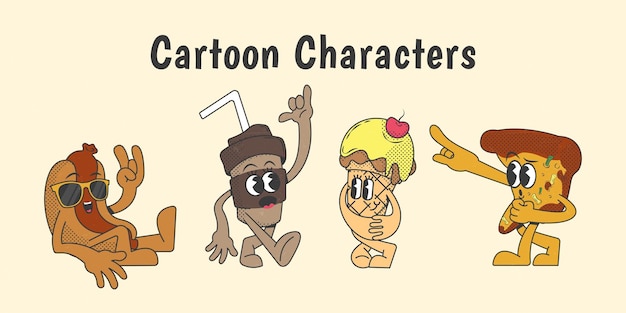 Personaggi dei cartoni animati retrò in stile trendy, personaggi mascotte. illustrazione vettoriale piatta