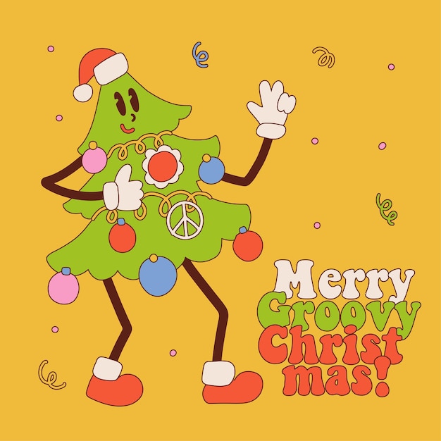 Personaggio dei cartoni animati retrò dell'albero di natale in stile hippie vintage alla moda merry groovy christmas lette