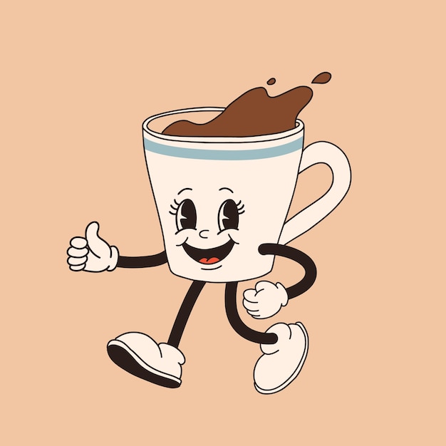 Vector retro cartoon coffee cup character mug mascot in different poses 60s 70s 80s groovy espresso cup