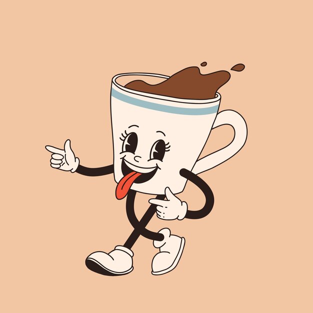 Vettore personaggio di cartone animato retrò tazza di caffè mascotte di tazza in diverse pose anni '60 anni '70 anni '80 tazza di espresso groovy