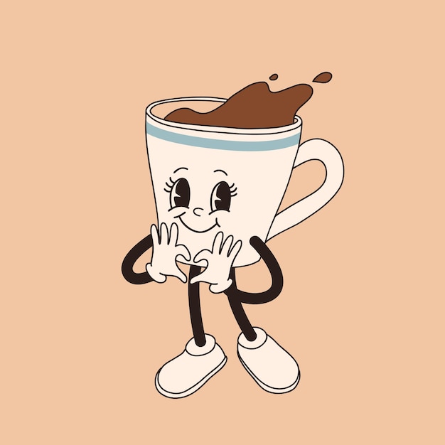 Vettore personaggio di cartone animato retrò tazza di caffè mascotte di tazza in diverse pose anni '60 anni '70 anni '80 tazza di espresso groovy