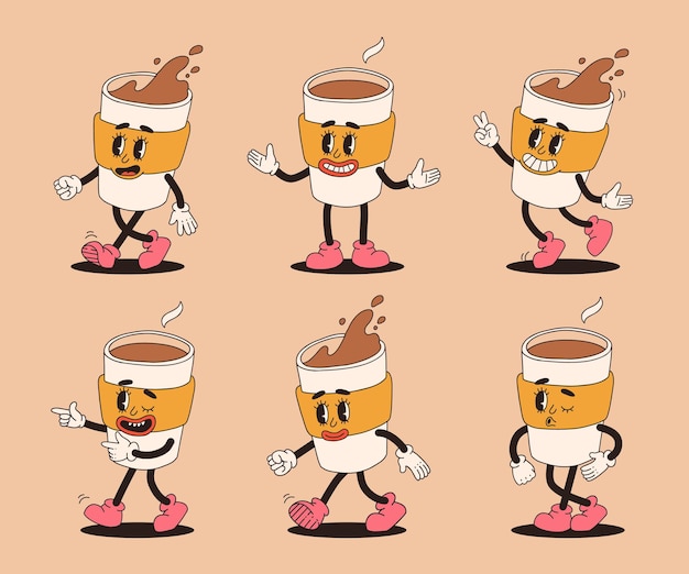 Retro cartoon coffee cup character set Mug mascot in different poses 70s80s groovy contour vector illustration Cappuccino coffee cup