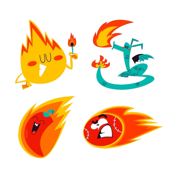 Vector retro cartoon fire stickers collection