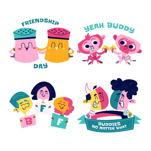 Vector retro cartoon friendship day stickers collection