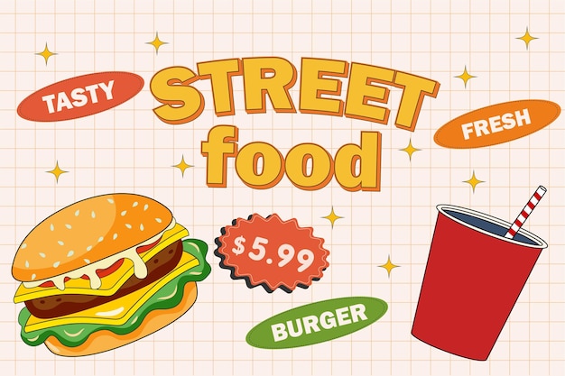 Retro cartoon funny fast food character posters Vintage street food burger mascot vector illustrati
