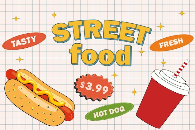 Retro cartoon funny fast food character posters Vintage street food hot dog mascot vector illustra