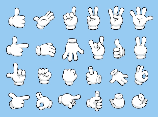 Retro cartoon gloved hands gestures Thumb up finger count forefinger pointing fist vector set