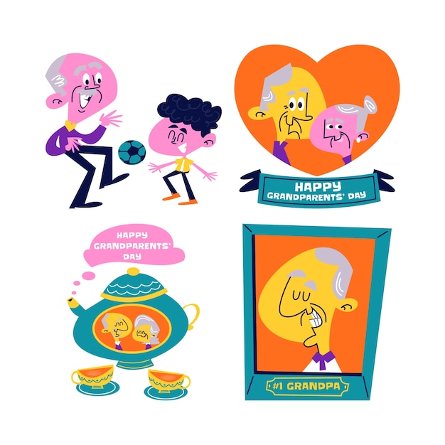 Retro cartoon grandparents day stickers collection