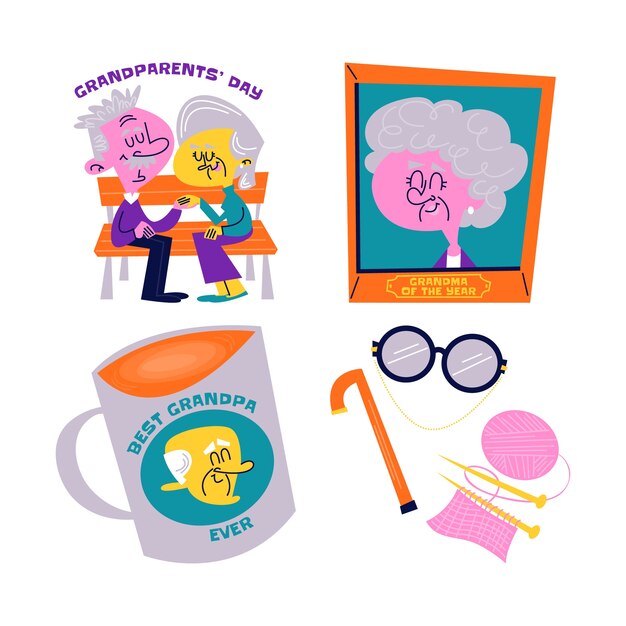 Vector retro cartoon grandparents day stickers collection