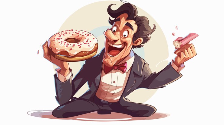 Vector retro cartoon greedy man eating donuts