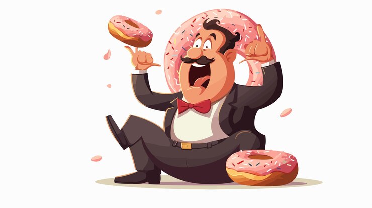 Vector retro cartoon of greedy man indulging in donuts vector illustration