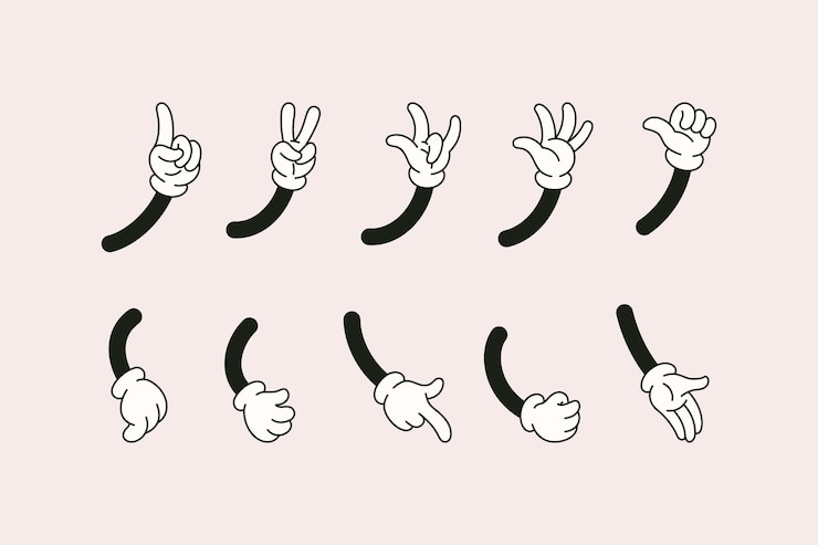 Vector レトロな漫画の手は、ロックサインを指差し親指を示すさまざまなジェスチャーで設定