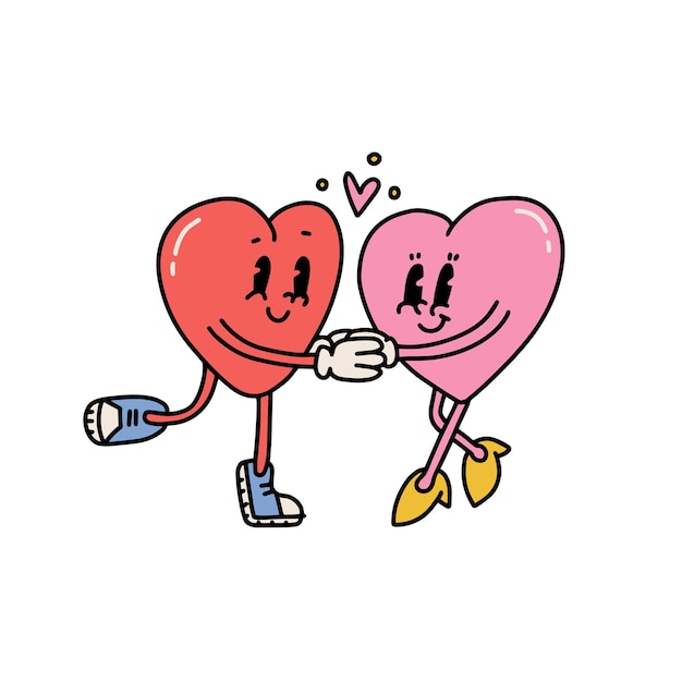 Vector retro cartoon hearts couple characters walk holding hands vector contour hand drawn illustration iso