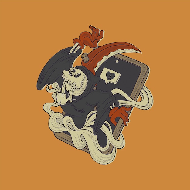 Retro cartoon illustration of grim reaper mascot emerging from smartphone