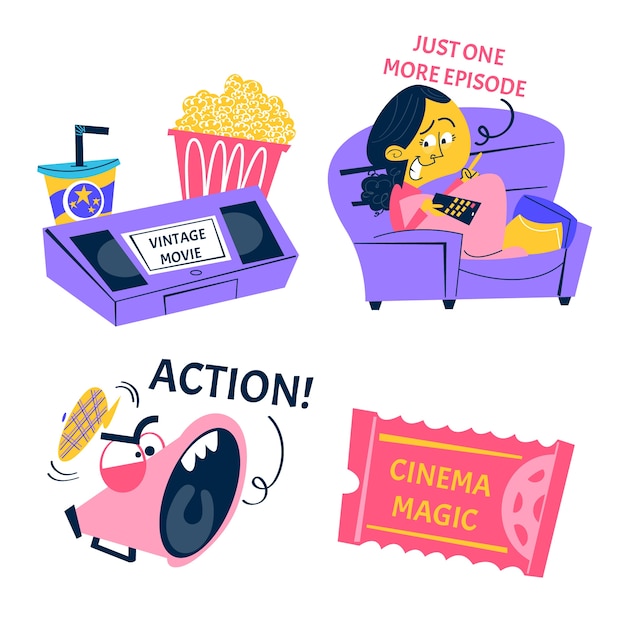 Vector retro cartoon movies lovers stickers