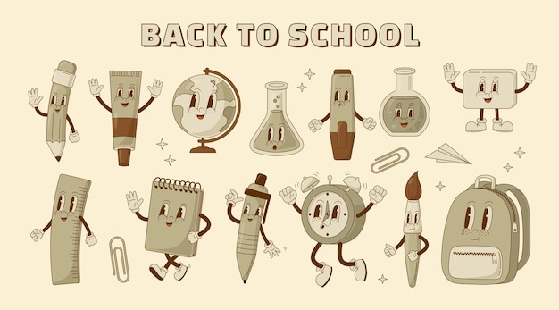 Vector retro cartoon personage school benodigdheden terug naar school mascotte 70s briefpapier pen potlood m