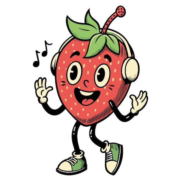 Retro cartoon personage van aardbeien met koptelefoon