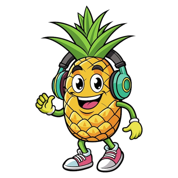 Retro cartoon personage van ananas met koptelefoon