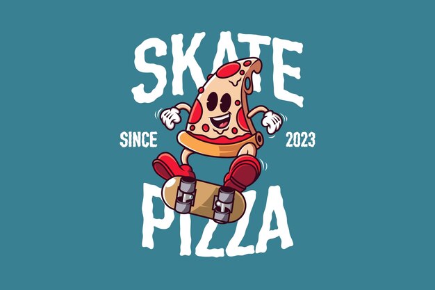 Retro cartoon pizza riding a skateboard logo