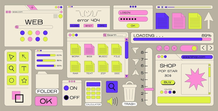 Vector retro cartoon set van webpagina's pc oude computer stijl geometrische frames in de jaren 90 memphis