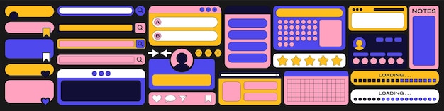 90 年代のメンフィス スタイルの web ページ pcold コンピューター スタイルの幾何学的なフレームのレトロな漫画セット