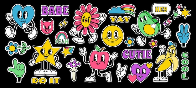 Retro cartoon stickers met grappige stripfiguren en gehandschoende handen. Hedendaagse abstracte vorm, banaan, ster en paddestoel badge vector set. Blije avocado, hart en appel met benen in laarzen