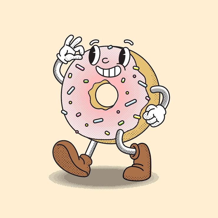 Vector retro cartoon style a donut drawn in the style of old cartoons goes to meet