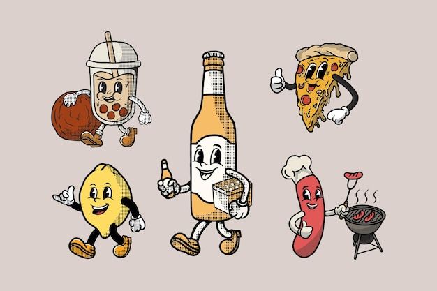 Vector retro cartoon style food and drink set