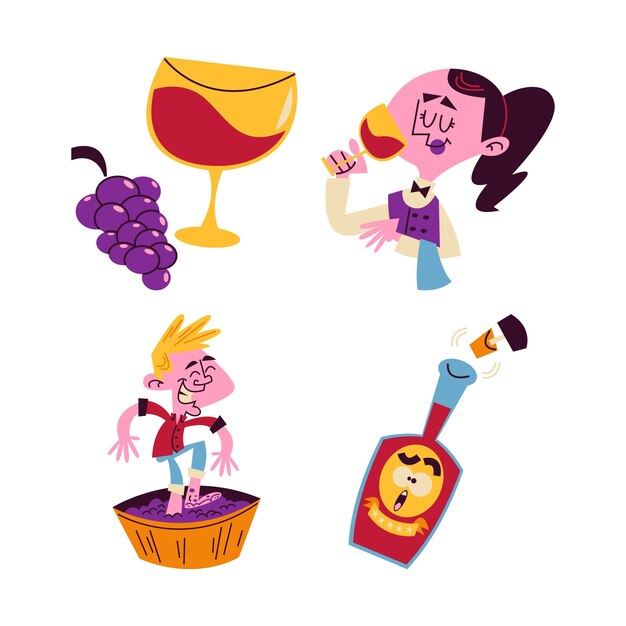 Vector retro cartoon wine stickers collection