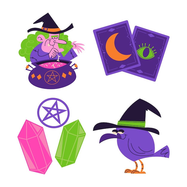 Vector retro cartoon witchcraft stickers collection