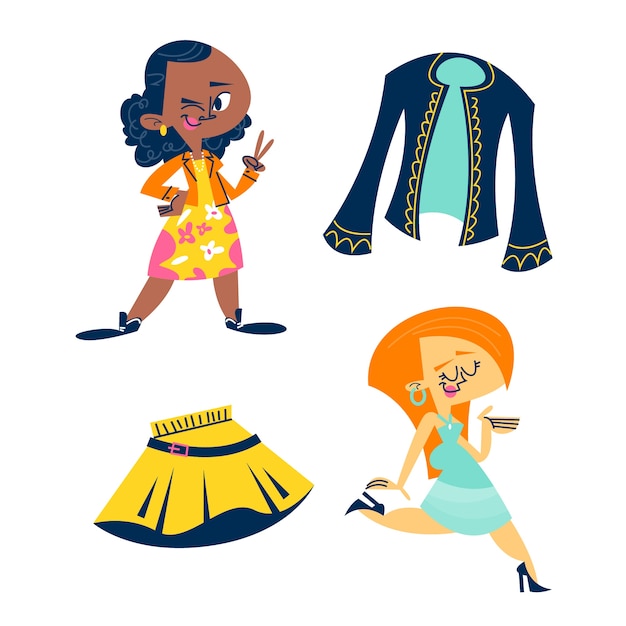 Vector retro cartoon women's fashion sticker set