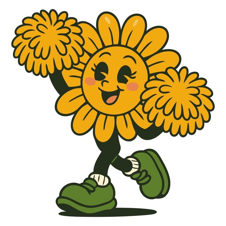 Retro Cartoon Zonnebloem Cheerleader met Pom-Poms