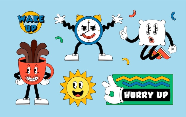 Retro cartoonstickers met grappige stripfiguren