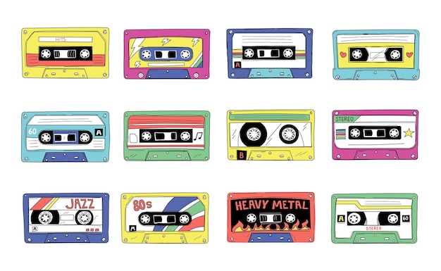 Vector retro cassette 90s audio tape of rock and pop songs mix vintage compact stereo player jazz musical hits mixtape isolated multimedia record equipment vector 80s music disco style elements set