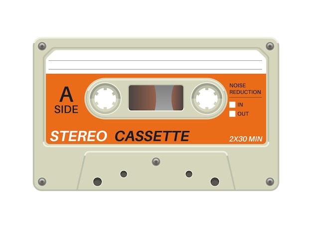 Cassetta retrò apparecchiature audio per dischi musicali analogici nastro stereo vuoto dispositivo musicale in plastica isolato mixtape vecchio stile di brani e canzoni strumento multimediale hipster vettoriale con spazio per la copia