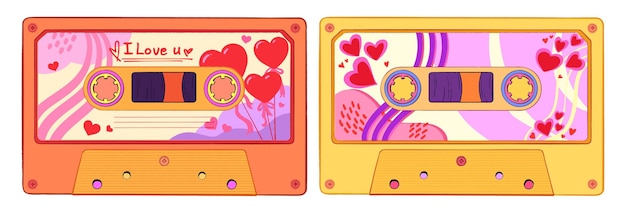 Vector retro cassette met harten en romantische decoraties 90's vintage nostalgie cassette banden