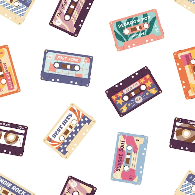 Кассета в стиле ретро. бесшовный фон со старыми аудио-стереокассетами с музыкальными записями 80-х и 90-х годов. бесконечная повторяющаяся текстура магнитной кассеты. цветная плоская векторная иллюстрация для печати.