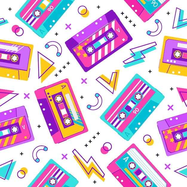 Retro cassette pattern. Seamless vintage memphis  party pattern, music audio cassette, analogue  stereo audiocassette  background. Cassette seamless melody analogue casette illustration