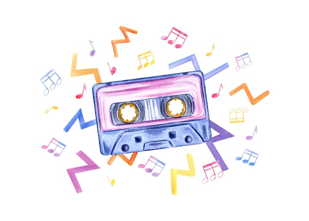 レトロカセットテープは活発な音楽ノートとシンボルに囲まれて描かれています ヴィンテージ音楽をテーマにしたプロジェクトのための水彩画イラスト 過去の記憶を通してかしい旅です