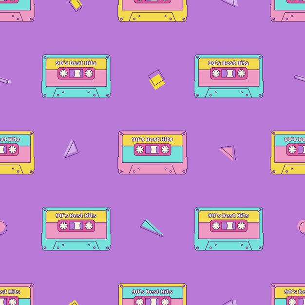 Retro cassette vintage seamless pattern 80s 90s geometric shapes in Memphis style