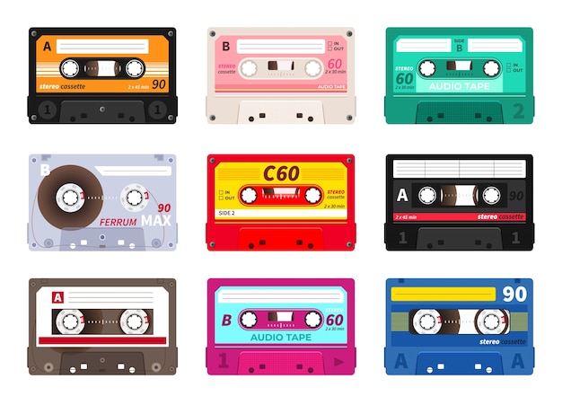 Vector retro cassettes. vintage muziekband, stereo recordset.