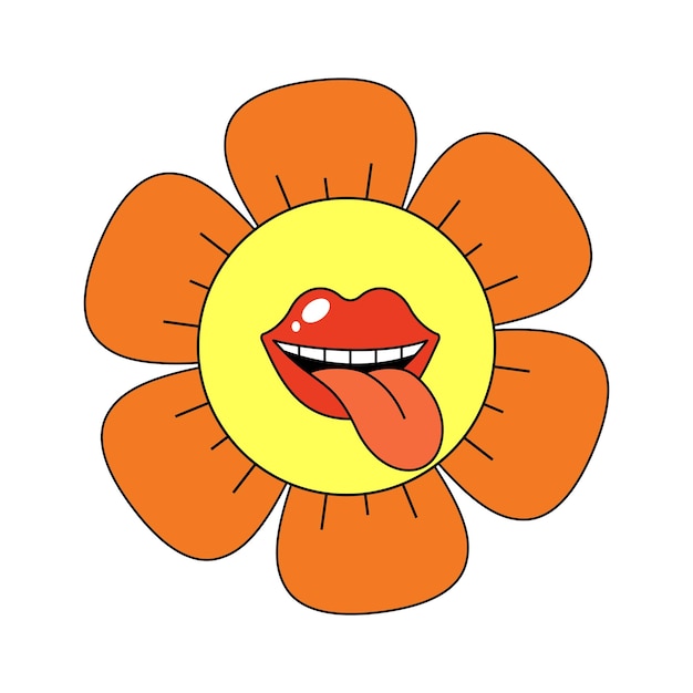 Vector retro charm groovy chamomile positive hippie style daisy with lips and tongue crazy hippy flower