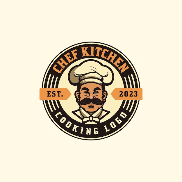 Retro Chef 로고 또는 빈티지 엠블럼 요리 음식 배지